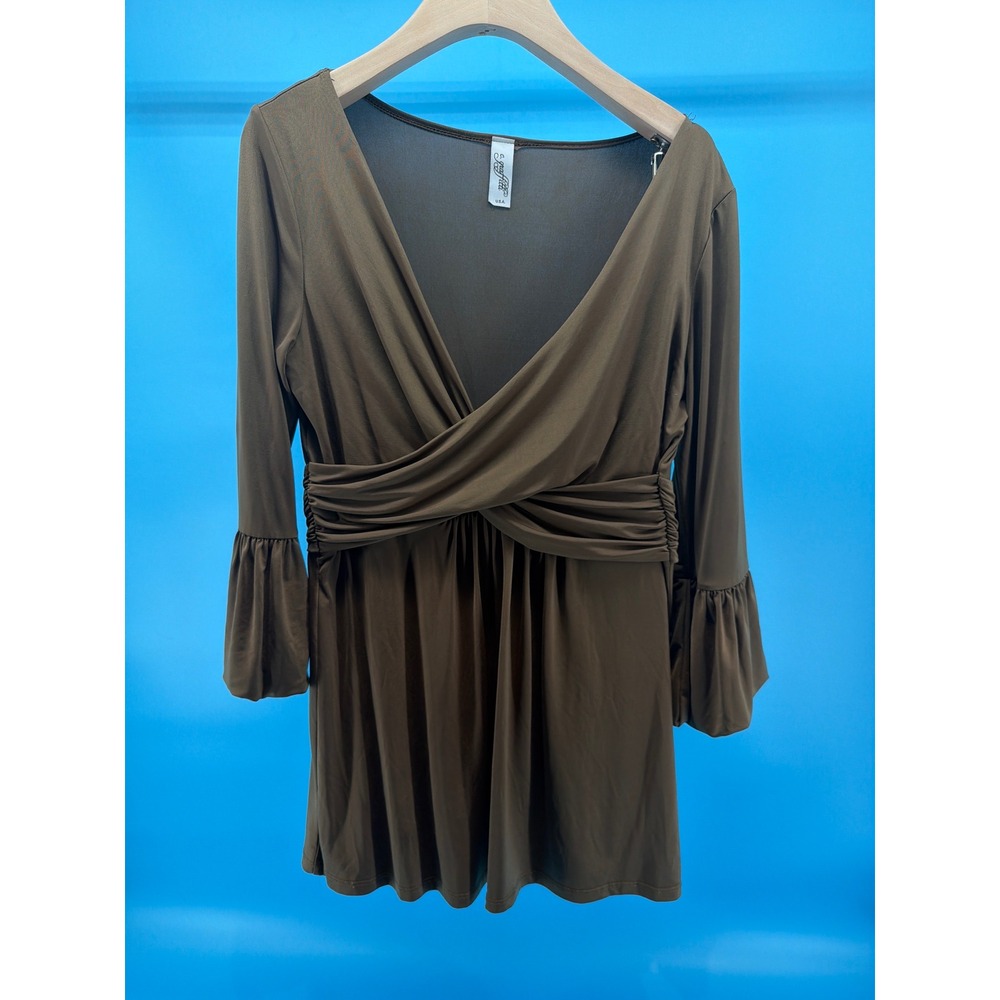 C. Graffiti USA Brown Surplice V-Neck Bell Sleeve Tunic Top Empire Waist Blouse